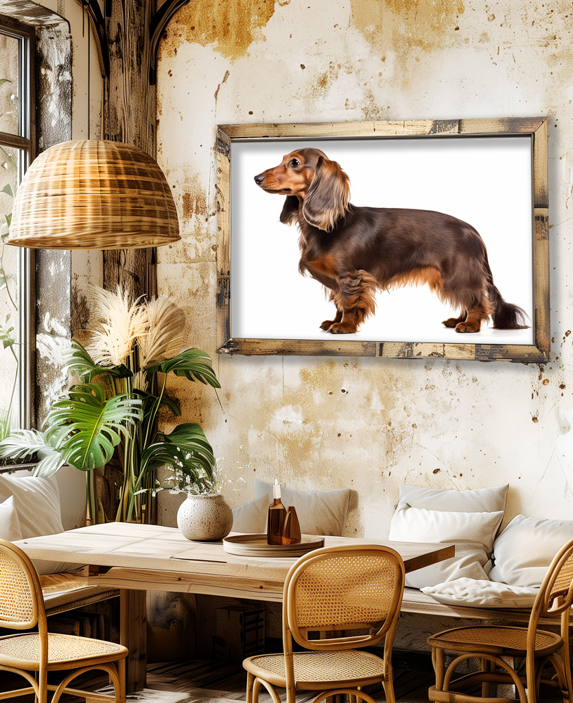 A rustic room features a wooden table surrounded by wicker chairs. A large plant sits on the left. Above the table, a framed painting of a brown long-haired dachshund hangs on a weathered wall with peeling paint. A woven pendant light hangs near the ceiling, casting a warm glow over the scene.