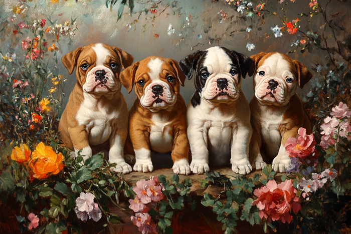 In this picture, 3 English Bulldog puppies sit side by side on an English Garden wall with wild flowers in this vintage style painting. A warm, romantic, cuddly theme of charm and innocence.