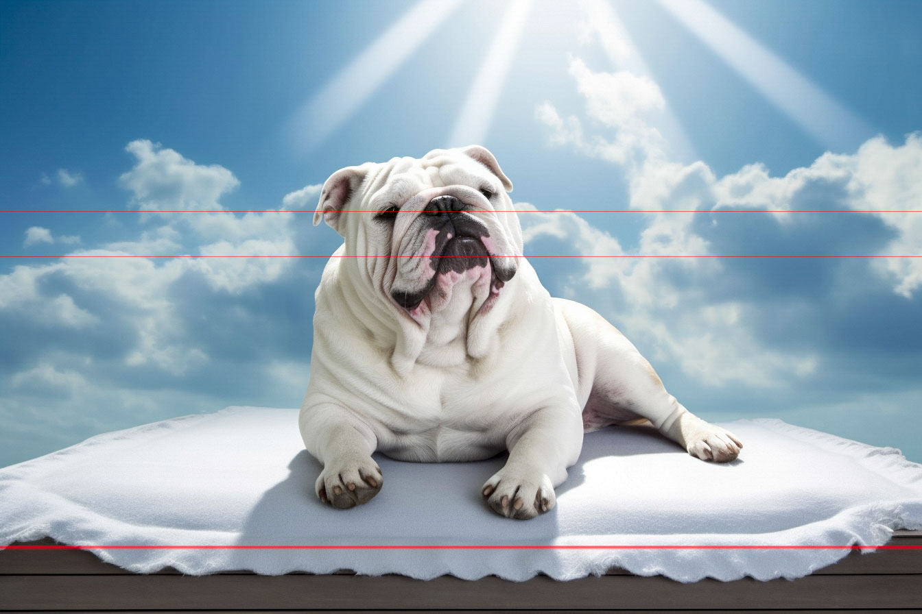 This artwork has a heavenly look that features a relaxed white bulldog seated comfortably on what looks like a soft, white cushion. The dog looks relaxed, with its paws positioned in front of it with its eyes almost closed. The background shows a blue sky with scattered clouds and rays of sunlight beaming down.