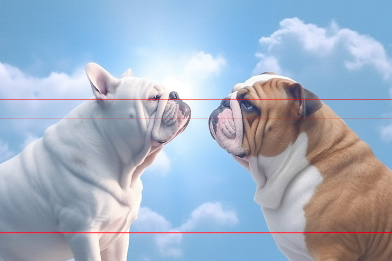The image shows two English Bulldogs facing each other against a backdrop of a clear blue sky with fluffy white clouds and an ethereal light from above. The subjects exude a sense of calm and stillness, in their mirror-like pose, they evoke a sense of knowing each other and being reunited again.