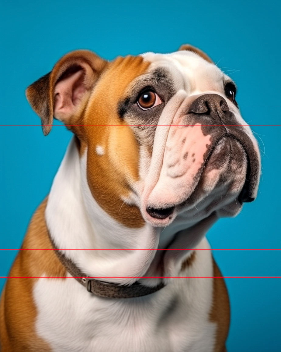 A photorealistic portrait of an English Bulldog named Bob, positioned in a very dignified three-quarter profile view set against a plain, solid teal blue background. His fur is white and tan patches on his face and body with large brown eyes and a short muzzle.
