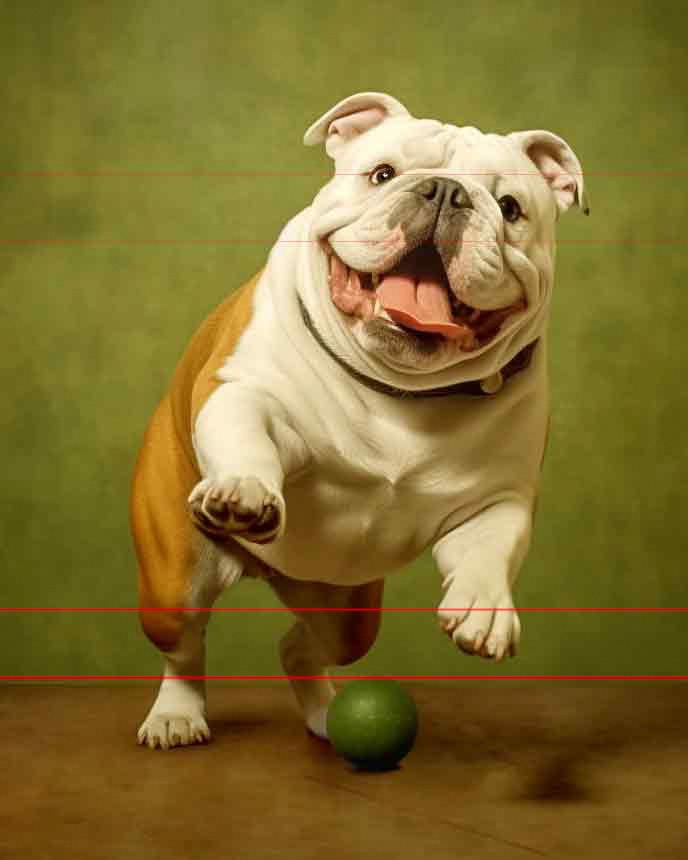 English Bulldog in mid-leap, its front paws stretched forward as it plays with a small green bocce ball on the ground. The dog is white with brown markings, its jowly cheeks and the folds around its neck are well defined, and its tongue lolls out of its open, smiling mouth. A soft olive background in a picture with a vintage vibe.