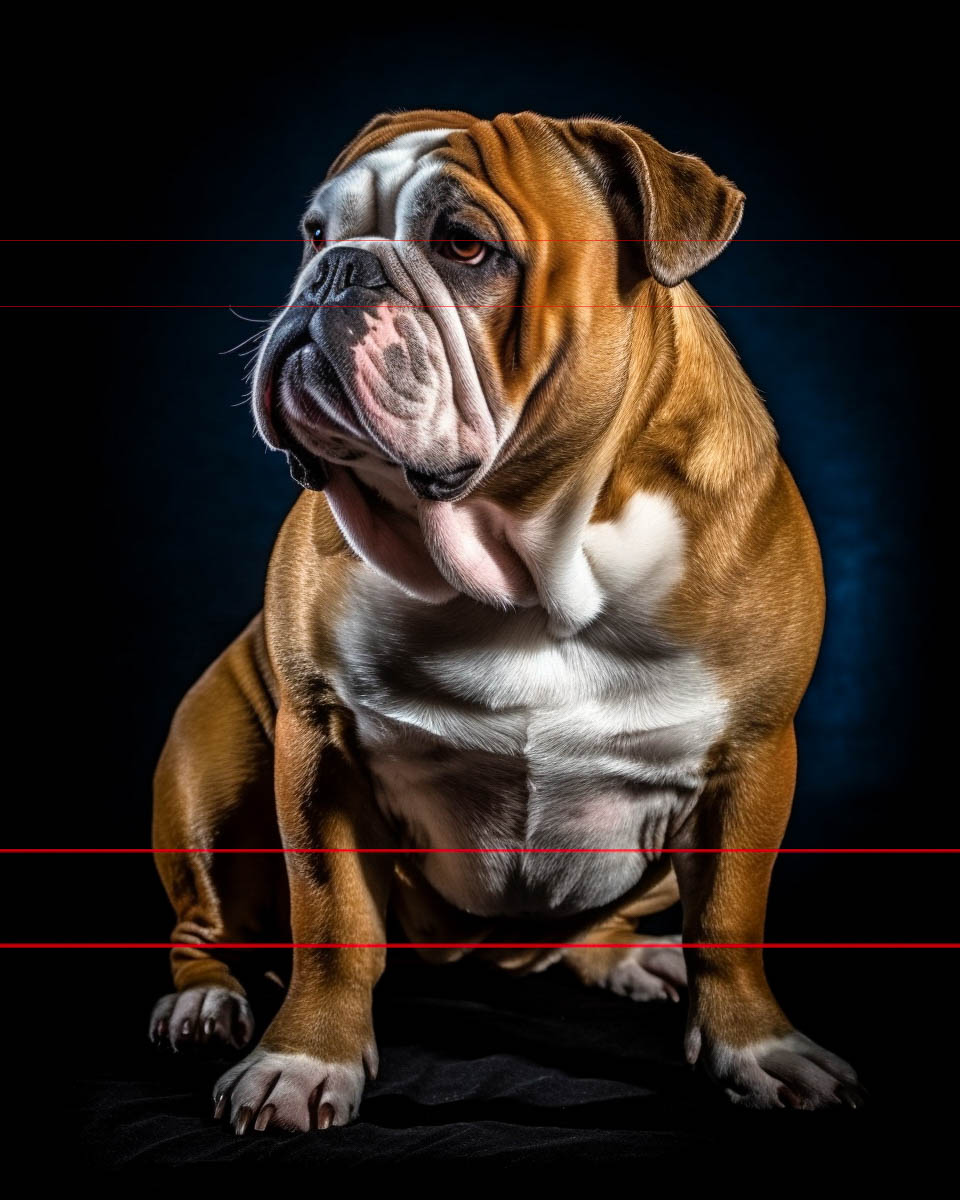 A highly realistic image of an English Bulldog sitting against a dark background. The dog is well-lit and captured in fine detail, emphasizing the texture of its coat and the many distinctive folds of its skin. The animal's gaze is directed to the side.