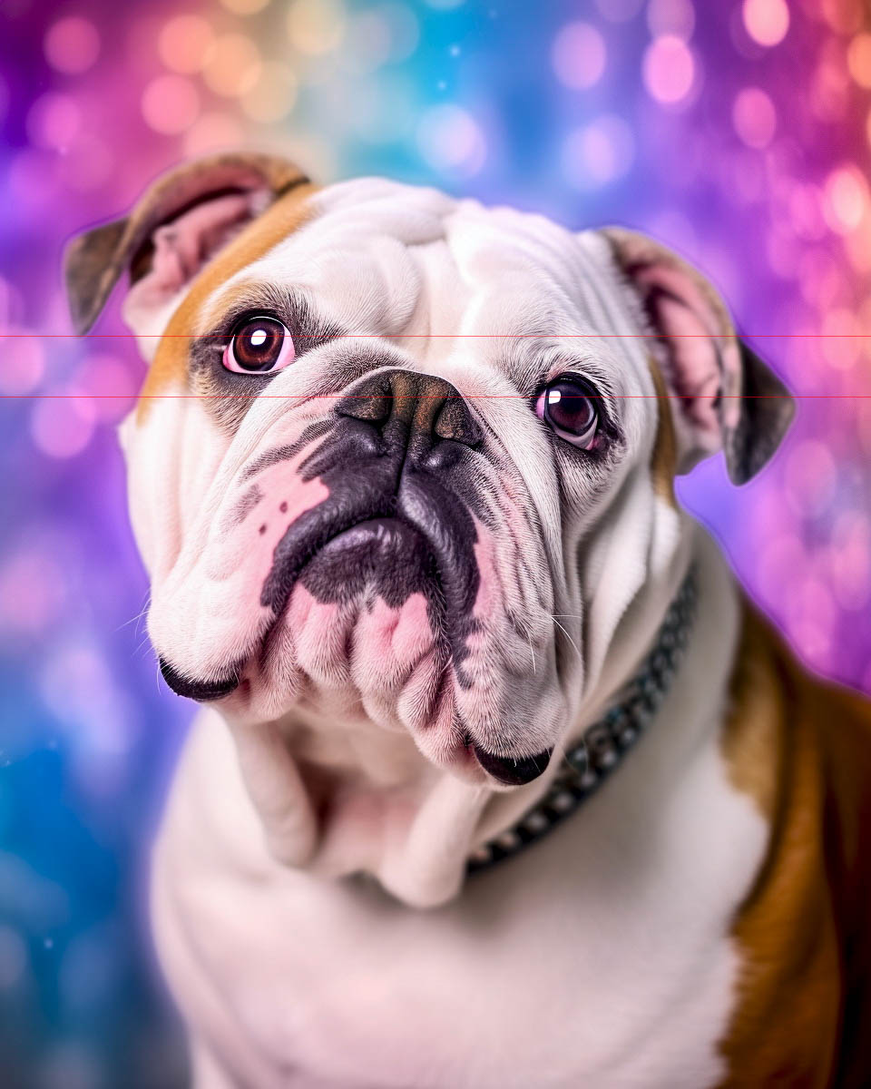 A colorful close-up picture of this sweet english bulldog, facing the viewer with a direct gaze. White fur with patches of tan and black around the wrinkled face and ears. Background is a blur of bokeh lights that transition from pink to blue.