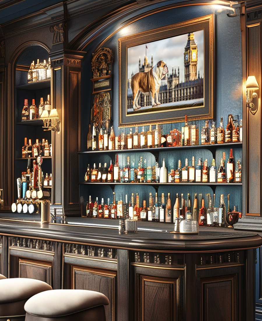 
A sophisticated bar with dark wood paneling and shelves filled with an array of liquor bottles. The bar counter has several beer taps and stools in front. A framed picture of an English Bulldog with London's Big Ben in the background is prominently displayed above the shelves, adding a touch of character.