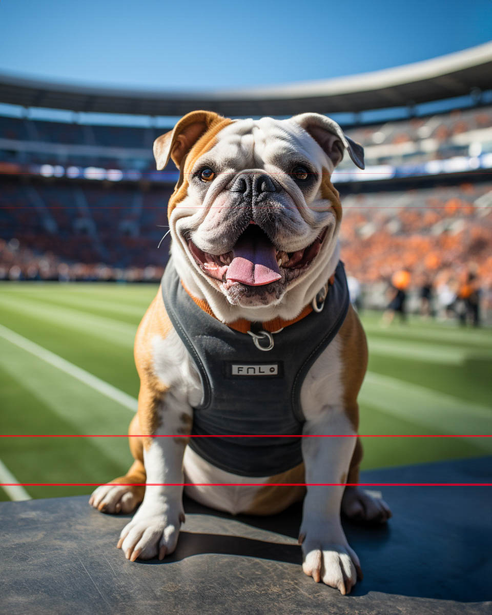 In a sunlit football stadium with rows of seats during a sports event, an english bulldog poses wearing a vest and an expression of vitality and happiness on a sunny afternoon.