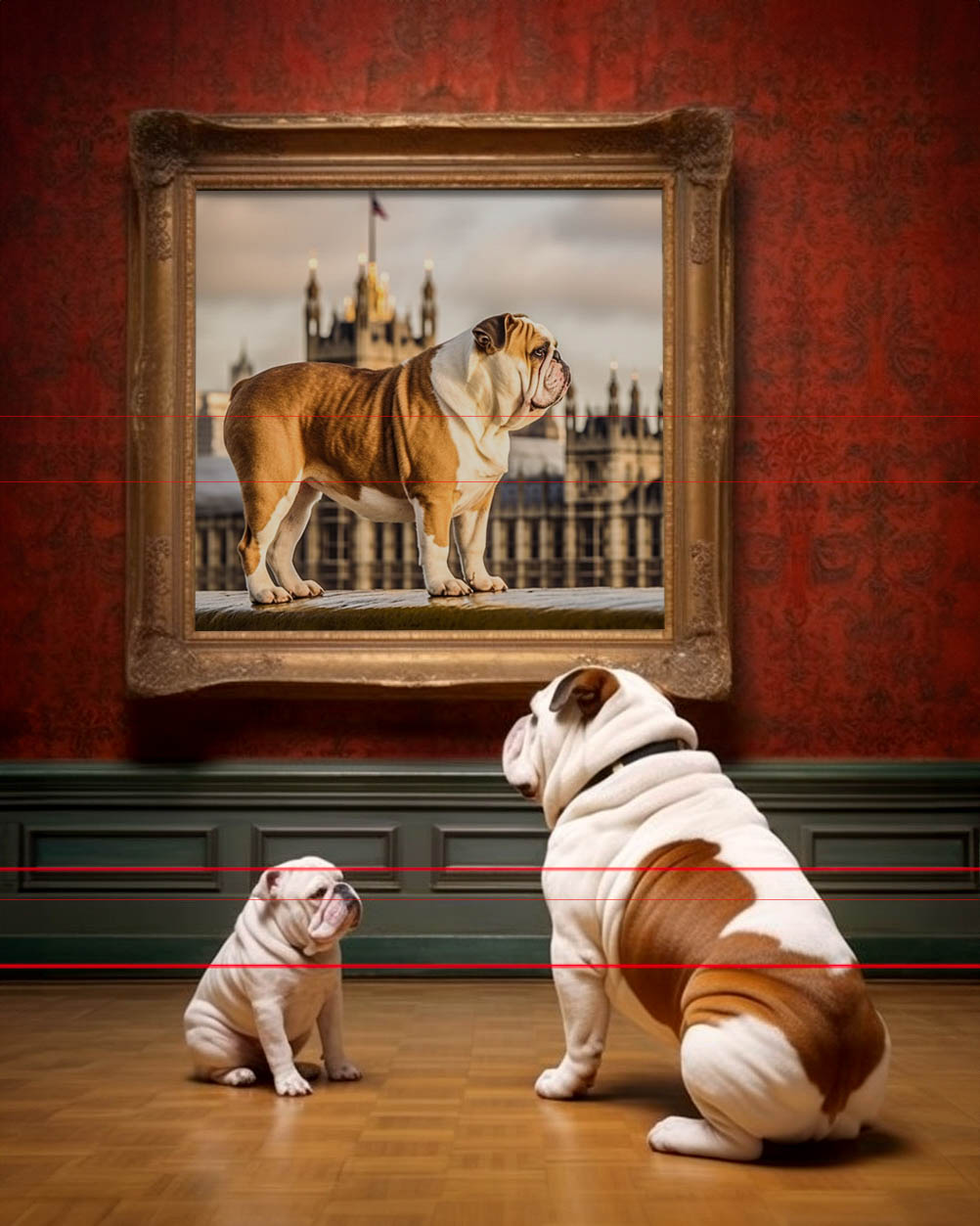 Adult English Bulldog brought its puppy to the museum to see a picture from his proud English heritage, a painting of a portly English Bulldog standing in front of Big Ben hangs on a museum wall in large gilded frame.