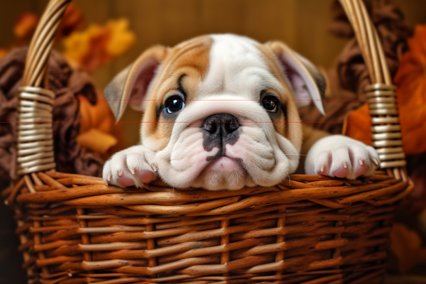 The adorable wrinkled face of a young English Bulldog puppy has its head between his two pink toed paws peeking above the rim of a wicker basket in which it is sitting
