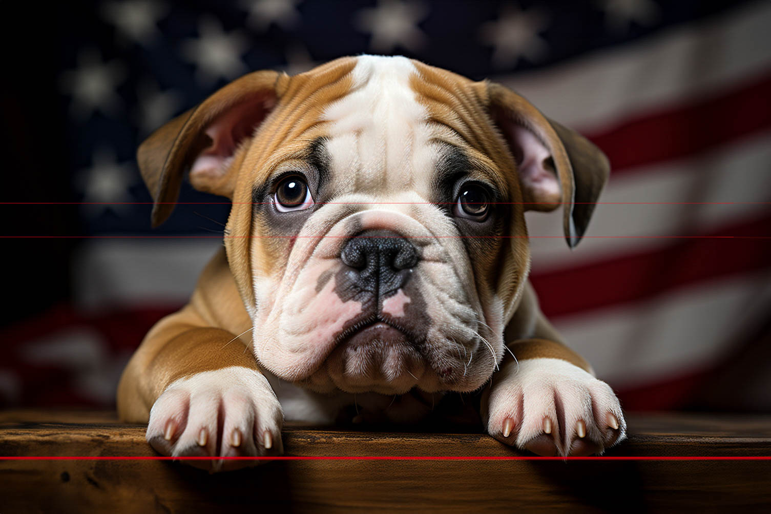 A picture of a young english bulldog rests its chin and paws on a wooden ledge, looking directly at the viewer with a poignant expression, against a backdrop of an american flag.