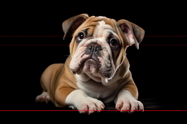 English Bulldog puppy lying down with its front legs stretched forward, the iconic features of its wrinkled face, big brown soulful eyes, and short snout in focus and the object of admiration. Small ears are perked up and folded over with a brown and white short hair patched coat. 