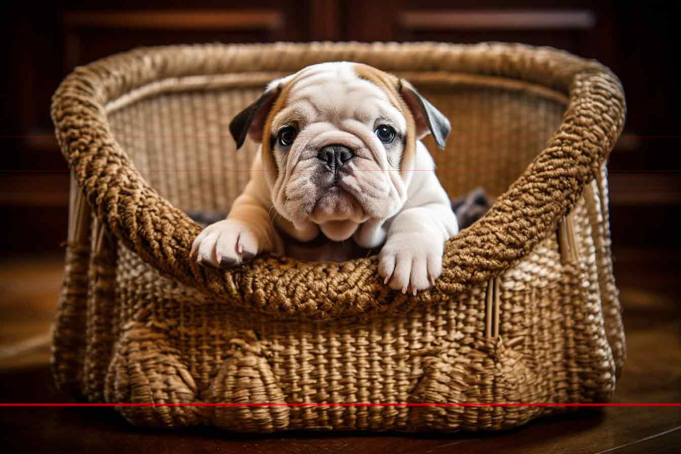 The picture showcases a young bulldog puppy laying comfortably in a large intricately woven basket. The dog has distinct wrinkles and folds on its face with a short muzzle, highlighting the breed's characteristic features. Its body is mostly white with patches of light brown around the face and ears, as it gazes directly at the viewer with a soulful expression.