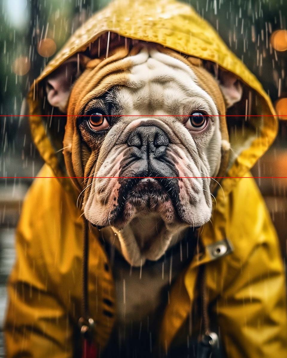 An older English Bulldog wearing a yellow raincoat with the hood up, is caught in a rainstorm. He is looking straight at you with an iconic bulldog expression.