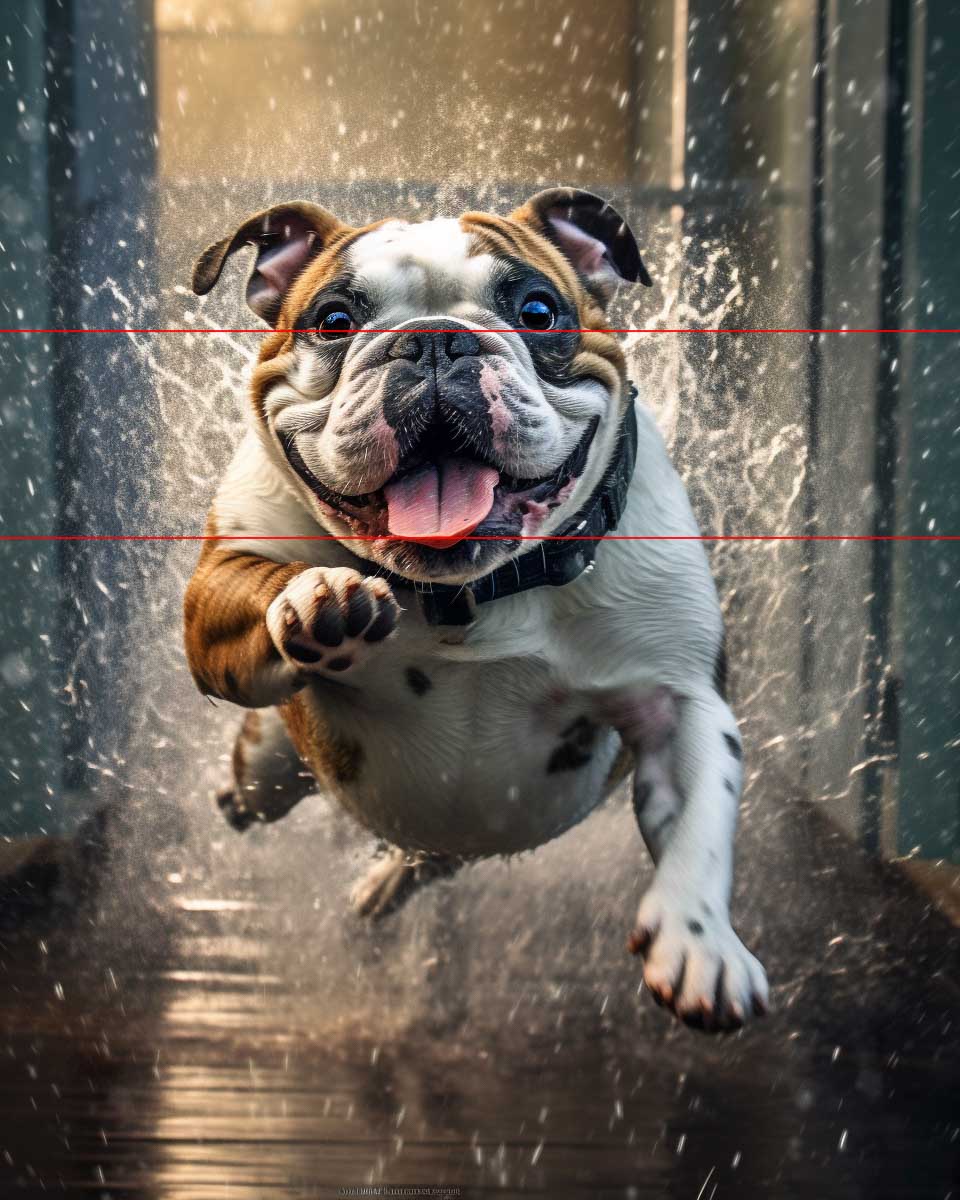 English Bulldog in mid-leap captured head-on with an expression of excitement. Individual droplets of water are suspended in the air around the dog against a sunlit background, creating a magical effect.