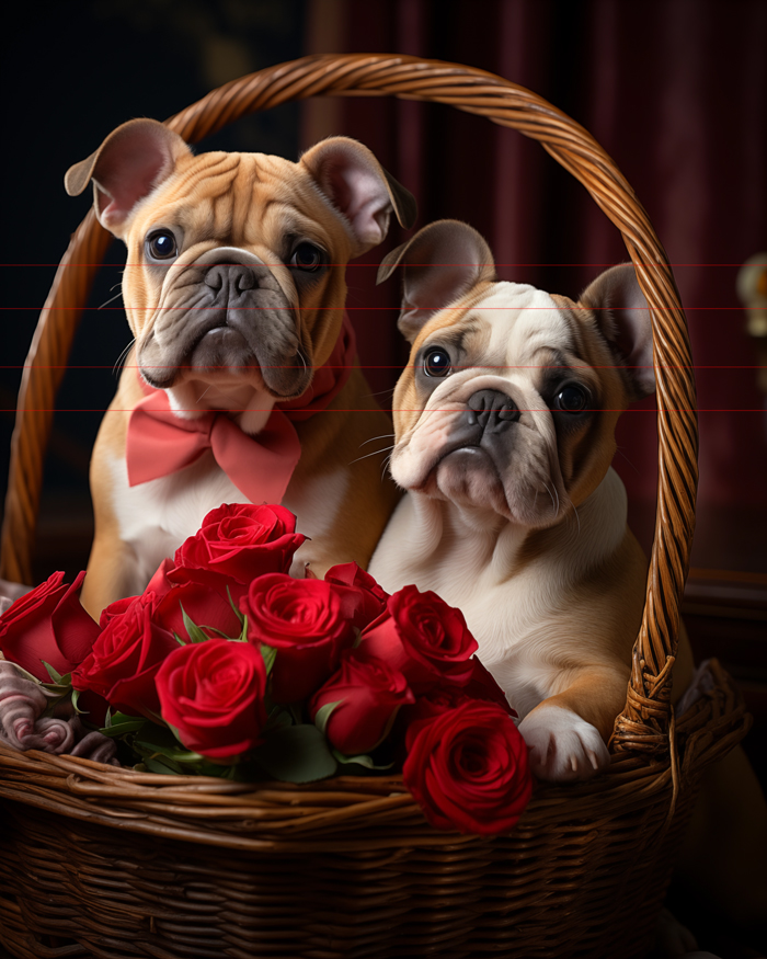 The image shows two bulldog puppies sitting inside a woven basket. They are surrounded by pink roses and petals. The backdrop is adorned with a pattern of varying shades of pink hearts against a lighter pink background, creating an atmosphere of affection and warmth, likely intended to evoke the sentiment of love or Valentine's Day.