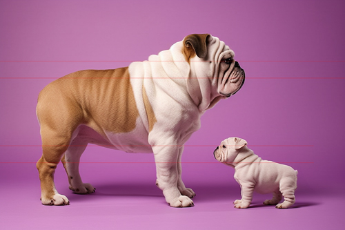 Facing each other on a solid purple backdrop, an adult female bulldog  watches over her smaller, yet equally confident puppy. A wonderful contrast of size and age, generational relationships, and the natural order of things in and out of the canine world.