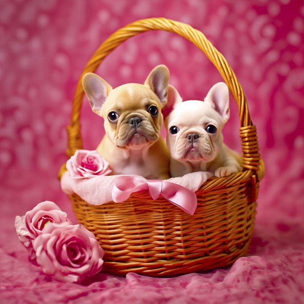 In this picture, two adorable little French Bulldog puppies sit in a wicker basket with pink roses ready to be given as a gift of love.