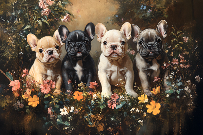 In this picture, 4 French Bulldogs sit side by side on an English Garden wall with wild flowers. Four classic Frenchie colors are shown, tan, black & white, white, and silver.  Their playful expressions radiate warmth and companionship.