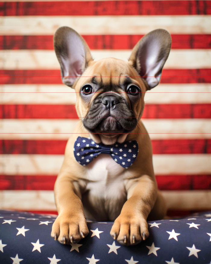 In this picture, a French Bulldog puppy with blue bowtie sits upright with ears erect in front of an American flag. Staring straight at the viewer he looks like an Uncle Sam poster, with his big puppy paws in front on a rail covered with the flag's blue field and white stars.