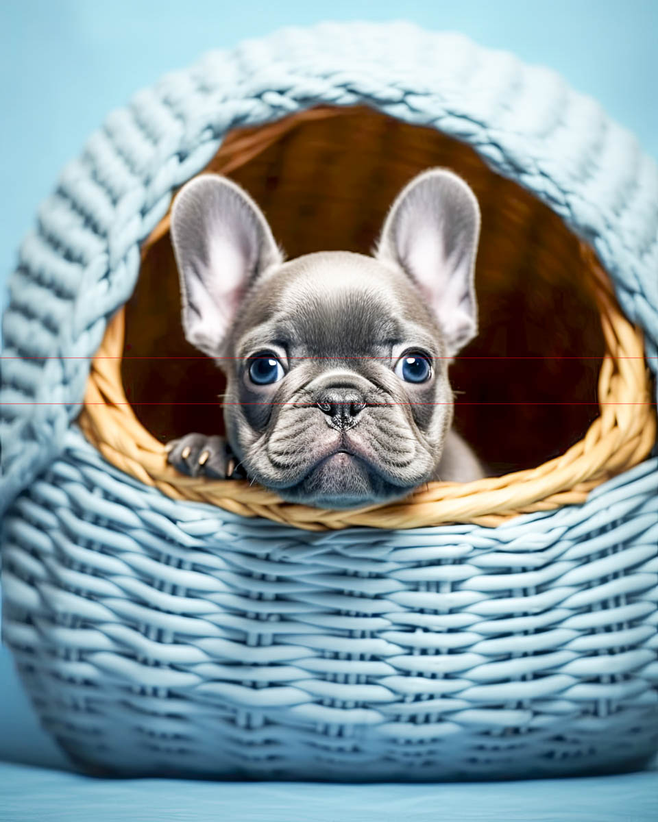 In this picture, a gray French Bulldog puppy with large ears and an infant's blue eyes sits inside a light blue wicker basket. The puppy looks directly at the camera, peeking out from the basket's opening, against a matching blue background.