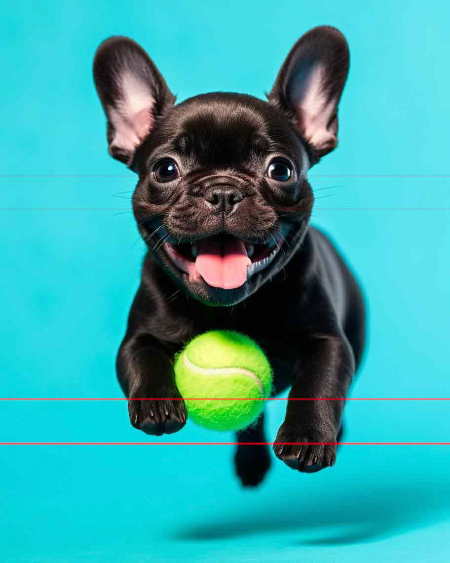 In this picture, a Black French Bulldog puppy in mid-air, large bat-like ears, wide-set gleaming eyes, and a mouth open in a joyful expression is shown leaping forward. The image has a solid teal background with a bright green tennis ball caught between its paws in this mid-action shot.