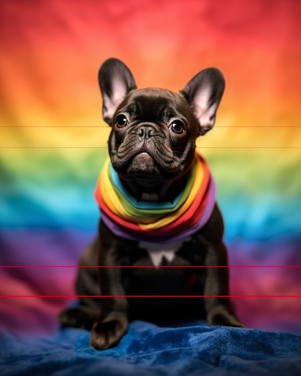 In this picture, a French Bulldog has glossy black coat and signature bat-like ears which are perked up attentively, gazes slightly upward with a peaceful expression. The dog is wearing a rainbow pride bandana around its neck that mirrors the colors in the background.