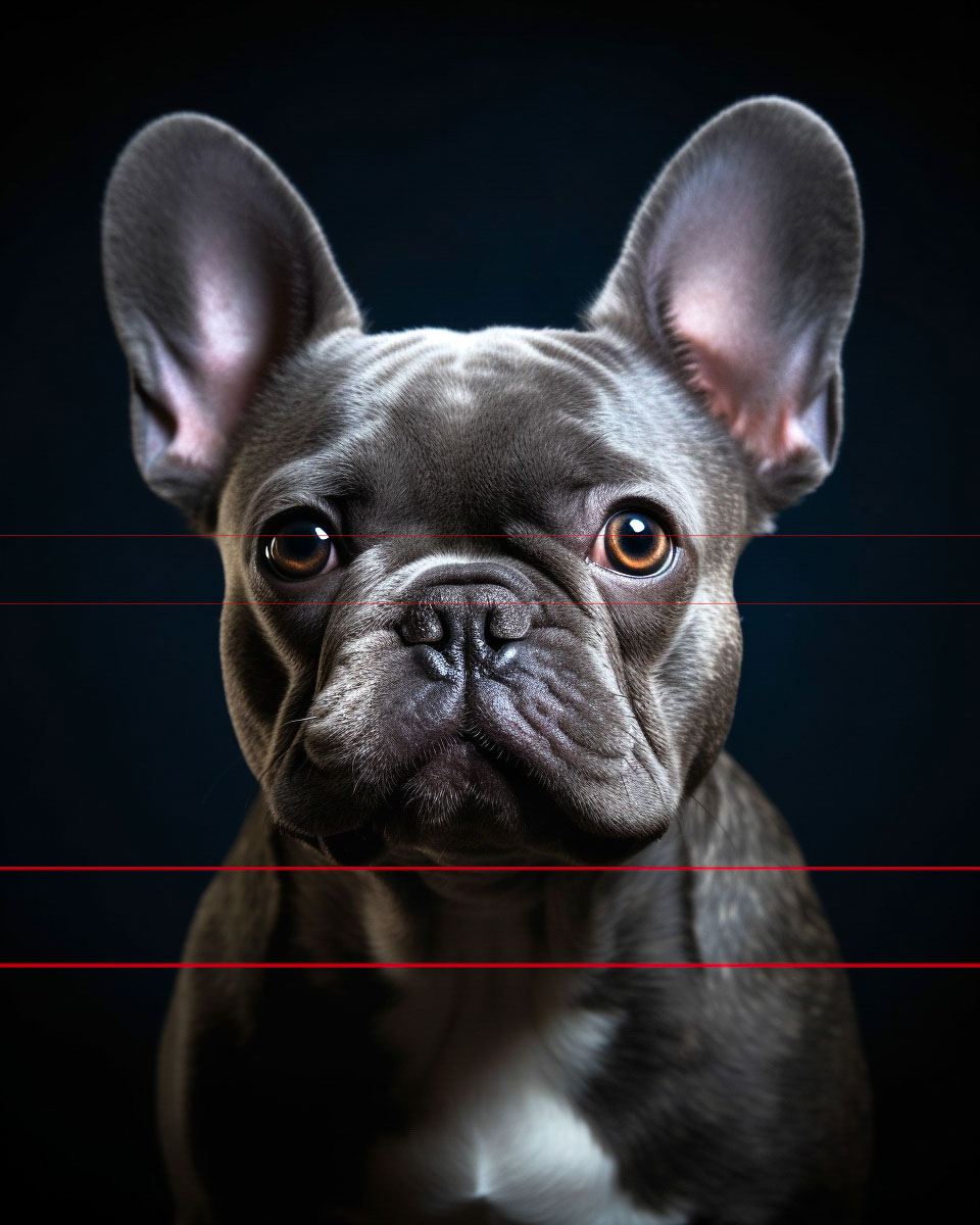 In this picture, a Blue French Bulldog Cinematic portrait with sharp focus, on fine details of face, and a striking, almost human-like gaze. Dramatic lighting enhances the textures of the dog's glossy coat against a dark background.