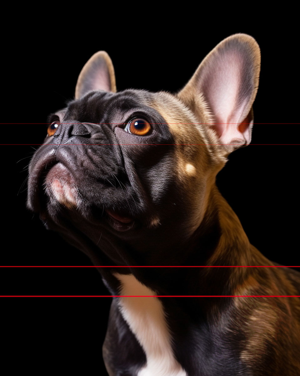 A Close-Up Picture portrait of a french bulldog with a glossy brindle coat. the dog is looking upwards, showing its large, alert bat-like ears against a stark black background. light highlights its curious eyes and facial features.