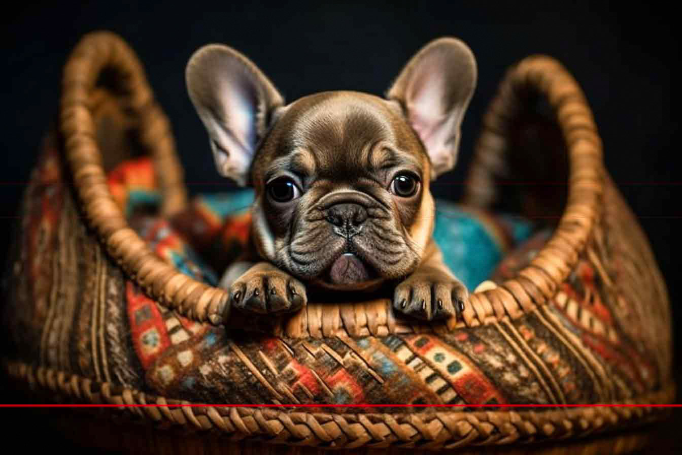In this picture, a Brindle French Bulldog puppy with wrinkled expression, sits up peeking out from beautiful ornately handwoven wicker basket. Basket has side walls creating a warm bed, orange, turquoise, and a palette that compliments the brindle puppy.