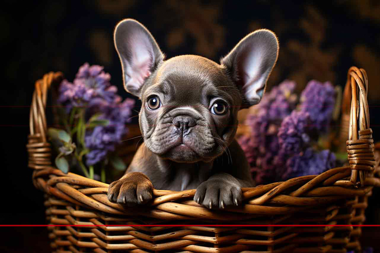 In this picture, a Chocolate French Bulldog puppy with a glossy warm-gray coat and wide-open eyes, bat-like ears that stand erect, short, slightly wrinkled snout, sitting and peering over the rim of a sturdy wicker basket filled with lavender flowers for a pop of purple.