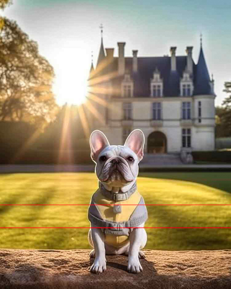 In this picture, a French Bulldog sitting front and center with a regal stance, facing the viewer in a landscape of soft muted color, wearing a fashionable yellow sweater harness in a French landscape with an iconic fairytale castle.