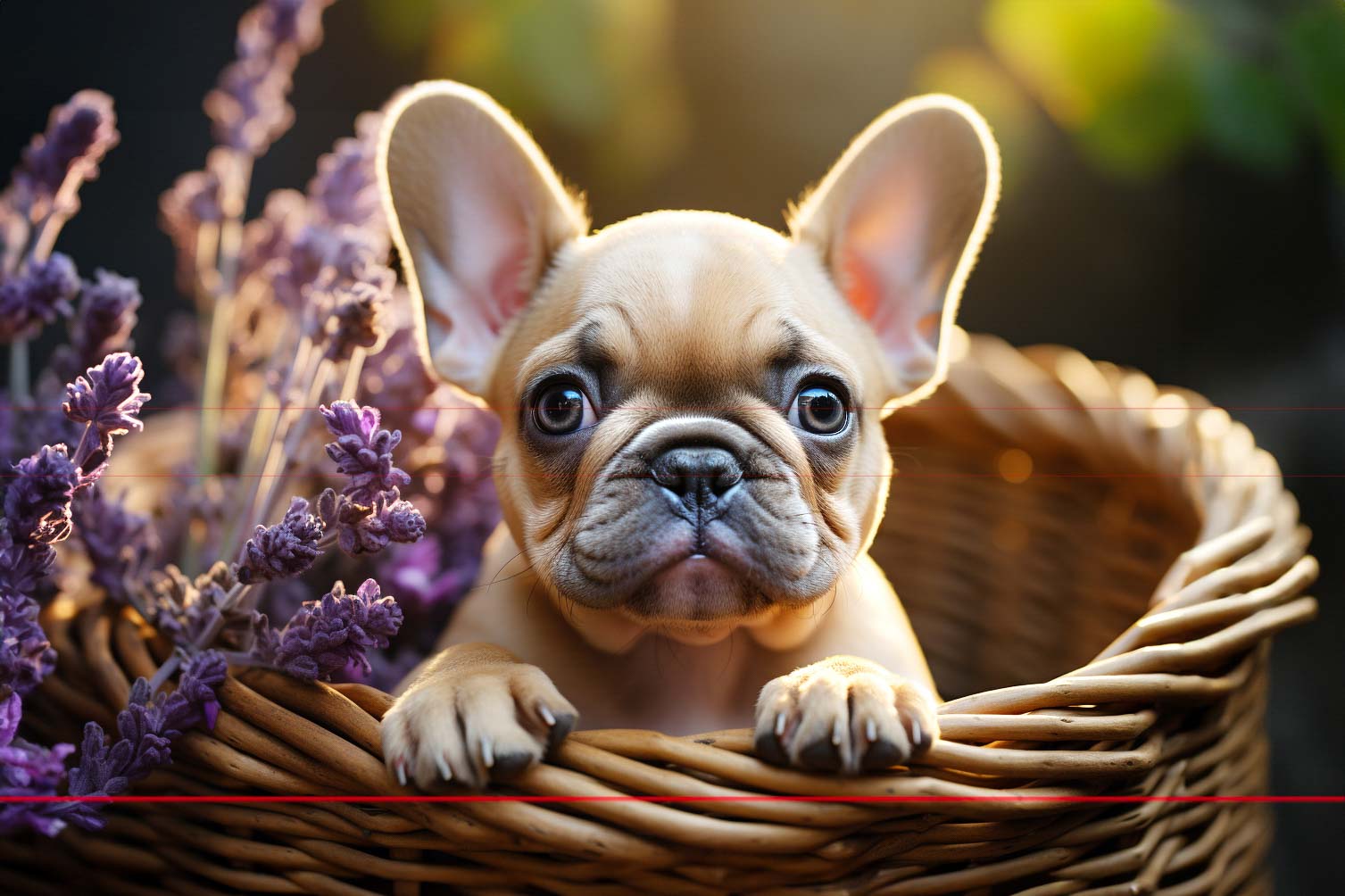 A picture of a french bulldog puppy peers over the edge of a wicker basket, surrounded by purple flowers, with large expressive eyes and bat-like ears highlighted under soft lighting.