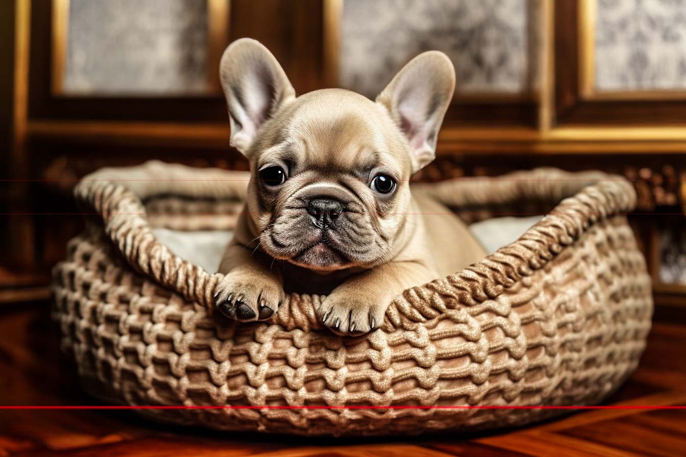 In this picture, a fawn French Bulldog puppy with large expressive eyes and a pushed-in wrinkled snout is comfortably nestled inside a beautiful ornately hand woven rope basket, paws in front over the rim. The room has a wood floor and fancy wood panels in the background.