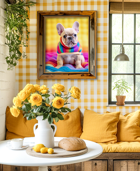 
A cozy dining nook with a yellow gingham wallpaper. A framed photo of a French Bulldog wearing a rainbow sweater hangs above a cushioned bench with yellow pillows. On the white table are a vase of yellow roses. A window with natural light and a potted plant add charm.