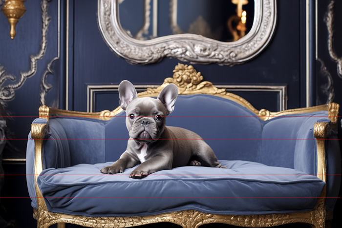 In this picture, a French Bulldog puppy with a light grey coat and large ears lounges on a luxurious, ornate blue and gold sofa. The background features dark blue walls, elaborate gold trim, and an ornate mirror, evoking a Louis XIV French atmosphere.