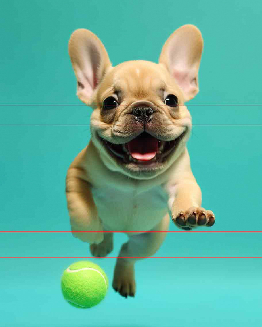 In this picture, a mid-action capture of a smiling French Bulldog puppy leaping, energetically reaching out towards a bright green tennis ball below.