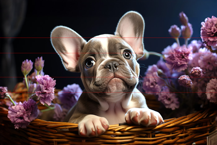 In this picture, an adorable gray and white French Bulldog puppy with large, expressive eyes, bat-like ears, short wrinkled snout, nestled in a wicker basket, front paws facing forward, behind purple flowers.