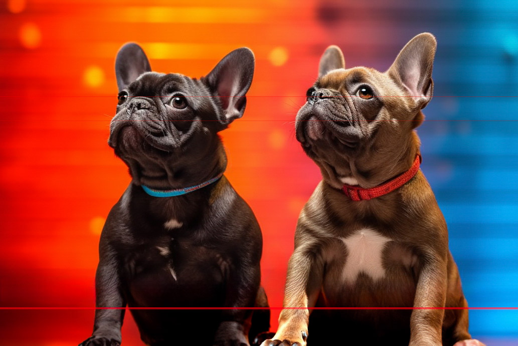 In this picture, two French Bulldogs sitting side by side with dark left dog wearing a blue collar, and fawn and white dog on right wearing a red collar. Both dogs look upward focused and alert with rich red, orange and blues in the background.