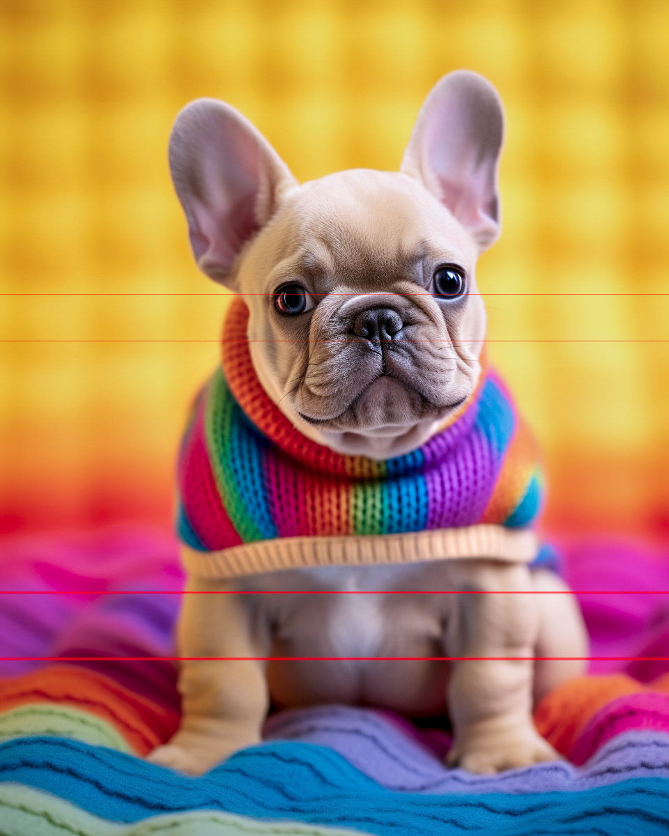In this picture, a cute Frenchie puppy looks directly at the camera with a quisical expression. It is wearing a pride rainbow-striped sweater and is sitting on a matching colorful blanket. The background is a yellow to orange pattern, creating a cheerful and lively atmosphere.