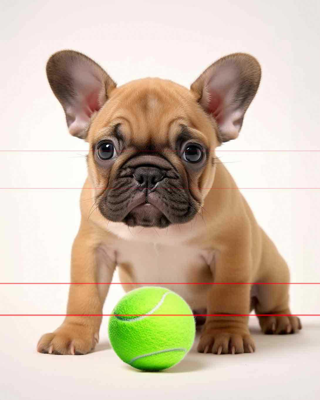 In this picture, a small tan French Bulldog puppy with a quizical expression on its wrinkled face sits on a white studio backdrop. In front of the puppy is a bright green tennis ball which is 1/4 of the puppies height emphasizing how small it is.