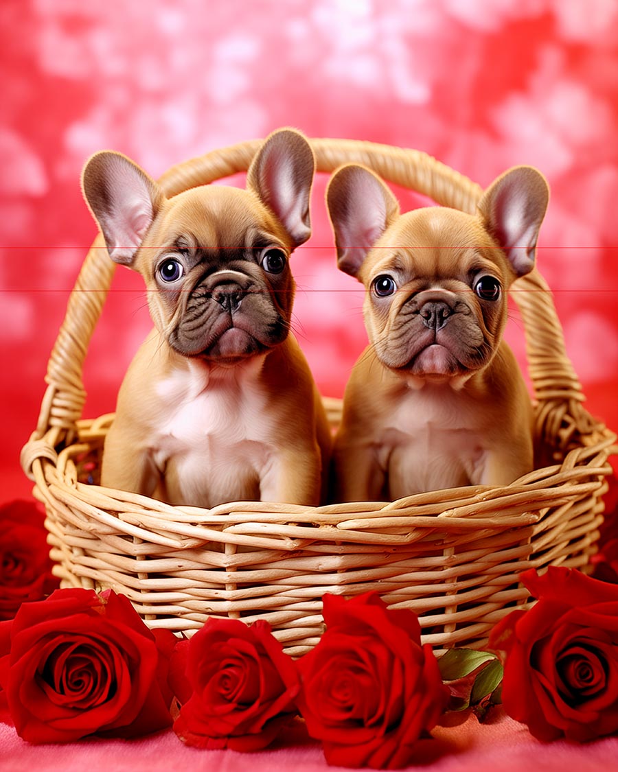 >French Bulldog Valentine Puppies together in wicker basket with red roses