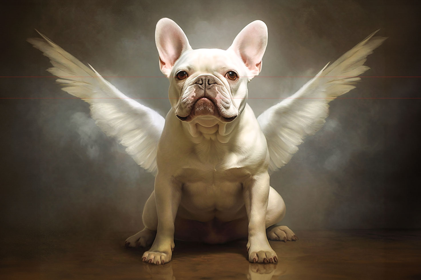 In this picture, is an angelic homage to a lost French Bulldog. White feather wings are spread behind this adult white Frenchie in a smoky ethereal setting with a soft muted palette.
