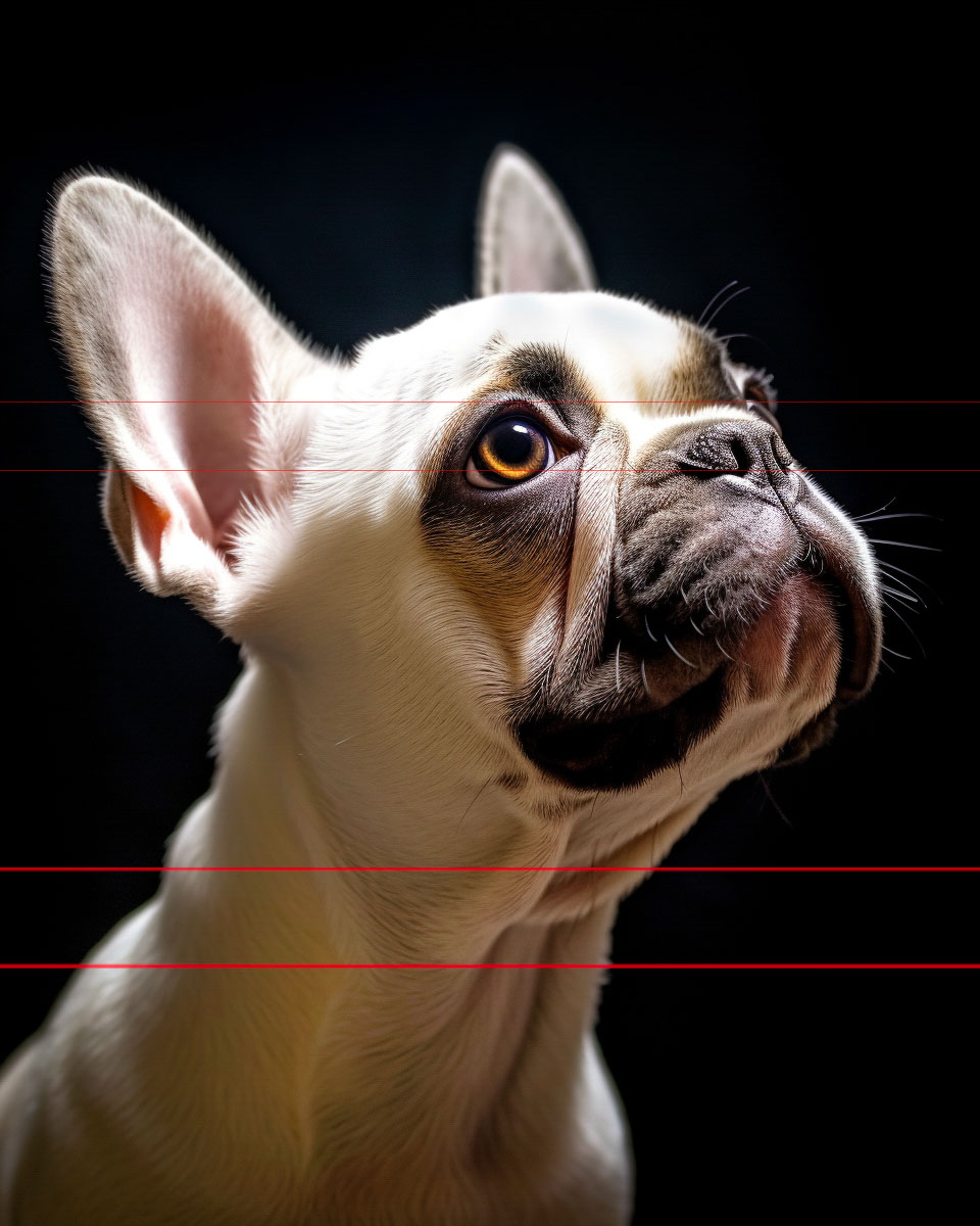 In this picture, is a sharply focused close-up portrait of a white French Bulldog captured in profile on a black background. The eyes are prominently displayed adding life and depth to the upwards gaze, with a black mask, velvety fur, and bat-like ears.