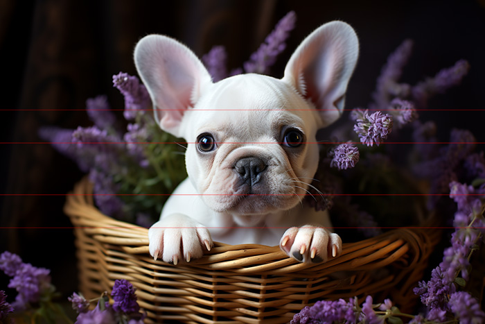In this picture, the sweetest white French Bulldog puppy, large expressive eyes, giant bat ears, short slightly wrinkled snout is comfortably nestled inside a wicker basket, paws in front over the rim, surrounded with sprigs of purple lavender flowers create this charming picture.