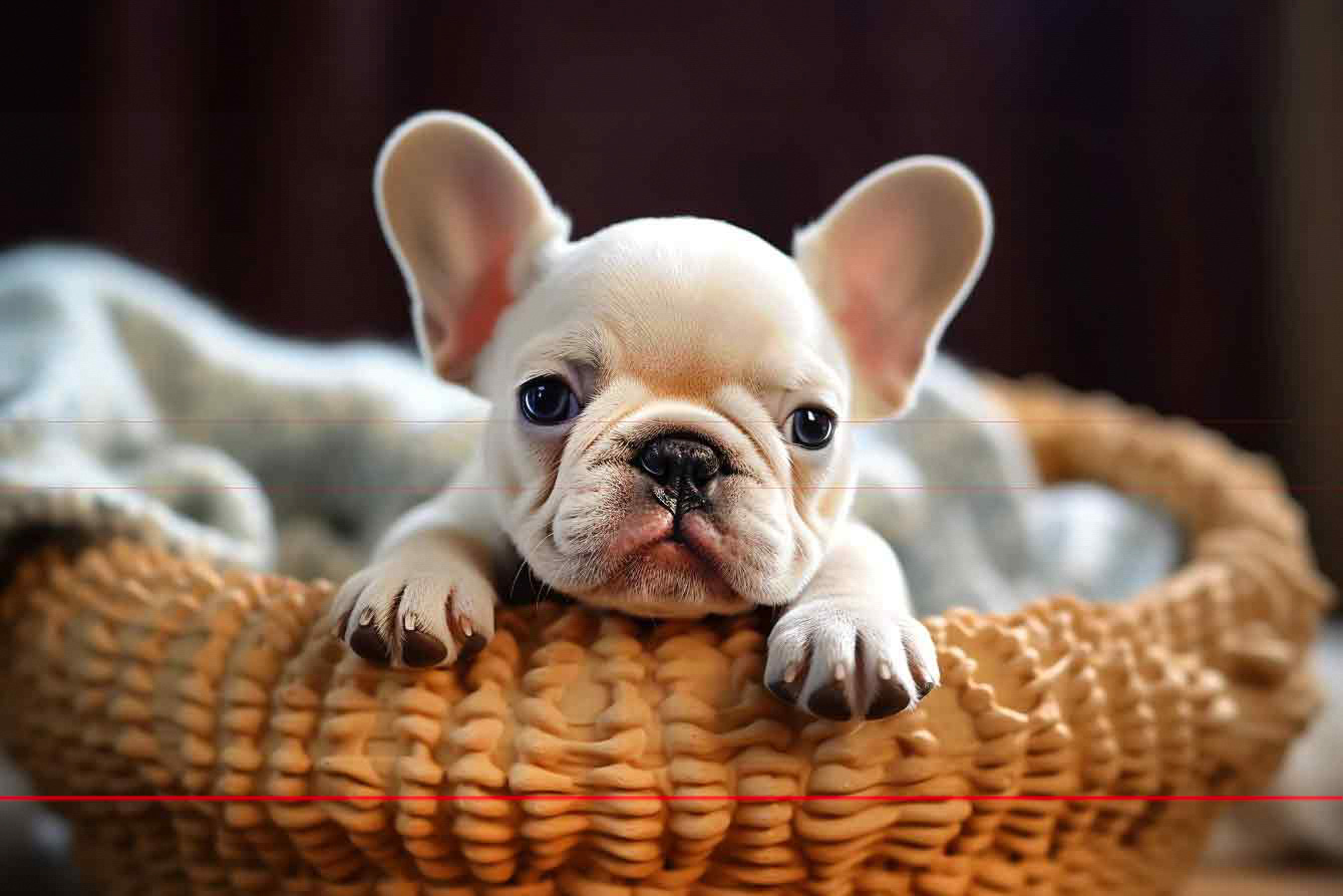 In this picture, an almost newborn white French Bulldog puppy holds on to the rim of a beautifully woven wide oval straw basket, looking at the viewer, with his little wrinkled face and bat-like ears.