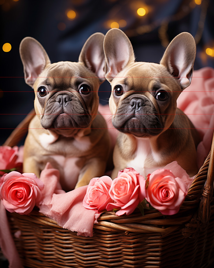 In this picture, a two French Bulldog puppies sit in a wicker basket with pink roses ready to be given as a gift of love. These 2 adorable puppies with their fawn coat, distinctive black facial masks and large bat ears, stare directly at the viewer.