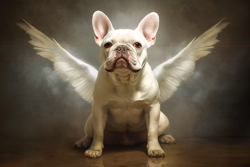 white adult French Bulldog with a pair of large, outstretched angelic wings. The dog is sitting and looking straight ahead with an attentive expression, displaying its distinctive bat-like ears, short snout, and stocky build. The background is a subdued, smoky