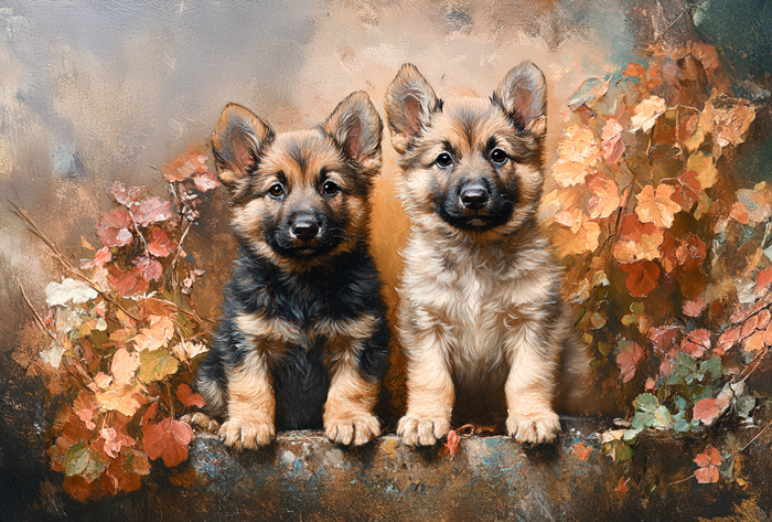 Two playful german shepherd puppies sit side by side on top a vintage stone wall amidst a backdrop of colorful autumn foliage radiating joy and innocence in this vintage artwork.