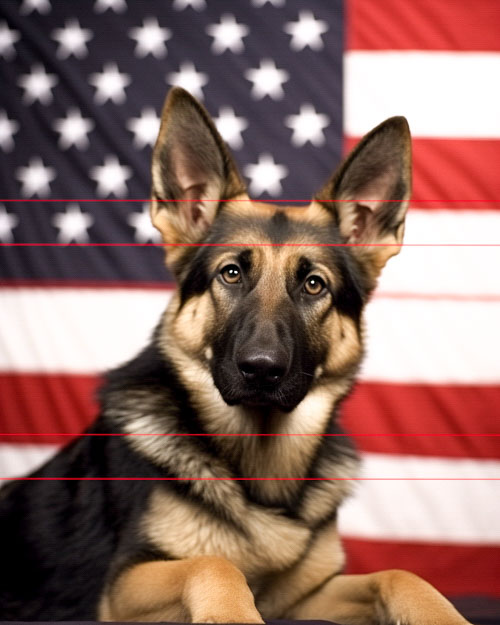 A picture of a german shepherd ALSATIAN dog close-up portrait with a calm expression, sitting in front of an american flag. The dog's ears are perked and attentive and its eyes staring straight at you are captivating.