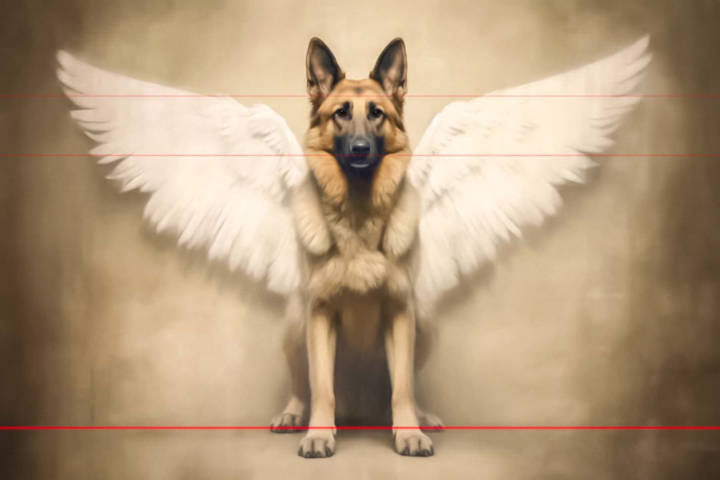 A creative picture of a German Shepherd standing upright against a light brown background. The dog is depicted with large, white, angelic wings, giving it a mythical appearance. The overall tone of the image is soft and serene.