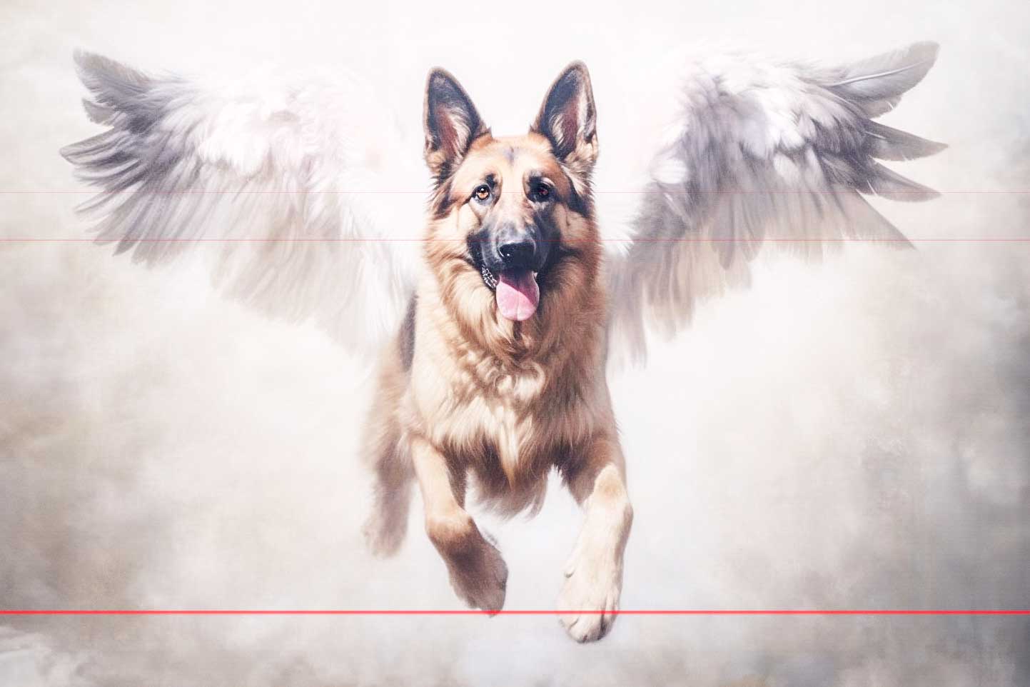 An embellished picture of a German Shepherd mid-air with large, mystical angel's wings protruding from its back. The dog appears to be flying with its tongue out and ears perked up against a cloudy, ethereal background, coming down out of the clouds. The feathered wings blend naturally with the dog's fur.